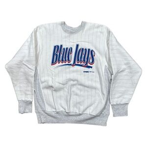 Vintage 90s Toronto Blue Jays Reverse Weave Pinstripe Gray Sweatshirt Mens XL